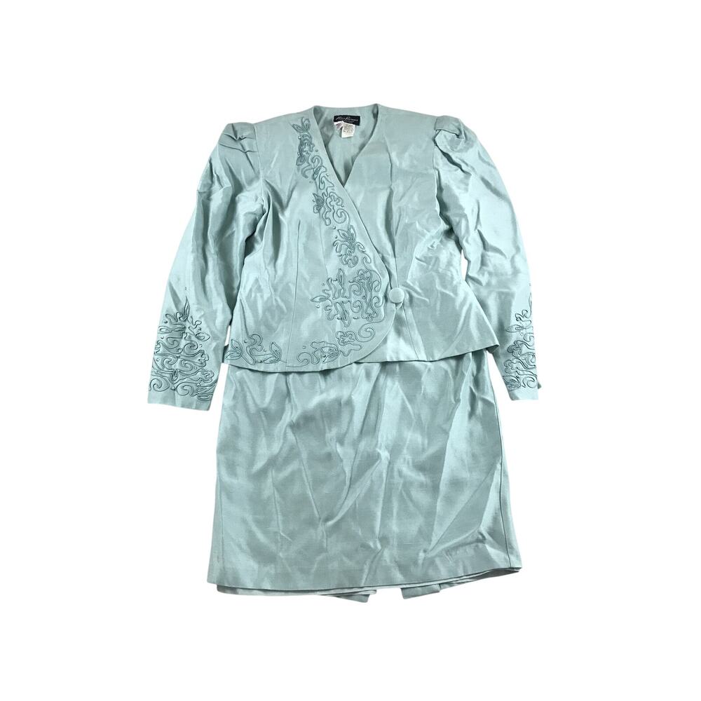 Skirt Suit Karen Lawrence by Matthew Size 10 Sea Blue Vintage Embroidered Pearls